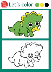 Dinosaur coloring page for children with little baby triceratops. Vector prehistoric outline illustration. Simple color book for kids with colored example. Drawing skills printable worksheet