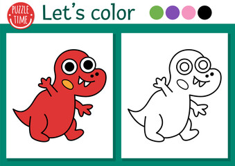Dinosaur coloring page for children with little baby tyrannosaur. Vector prehistoric outline illustration. Simple color book for kids with colored example. Drawing skills printable worksheet