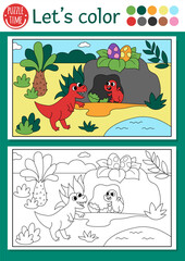Dinosaur coloring page for children with t-rex and baby. Vector outline illustration with prehistoric landscape. Color book for kids with colored example. Drawing skills printable worksheet