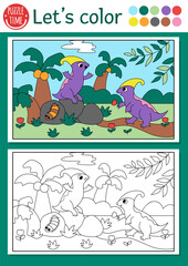 Fototapeta premium Dinosaur coloring page for children with Parasaurolophus couple. Vector outline illustration with prehistoric landscape. Color book for kids with colored example. Drawing printable worksheet