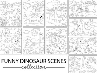 Vector black and white dinosaur vertical and horizontal scenes collection Line dino landscape illustration pack for kids. Cute prehistoric scenes set with Pterodactyl, Stegosaurus, Triceratops, T-Rex © Lexi Claus