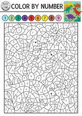 Vector dinosaur color by number activity with t-rex, stegosaur, spinosaurus. Prehistoric landscape scene. Black and white counting game with ancient animal. Coloring page, mosaic painting for kids © Lexi Claus