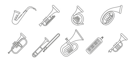 Wind musical instruments with the name in a thin line. Set of wind musical instruments.