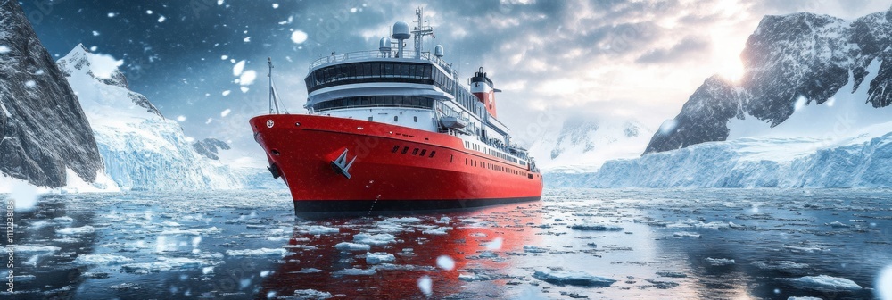 Aufkleber a red icebreaker ship pushes through icy waters in the arctic, surrounded by massive glaciers under 