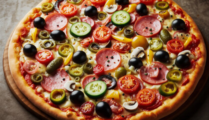Fresh pizza with vibrant toppings including vegetables, olives, and meat on a golden crust