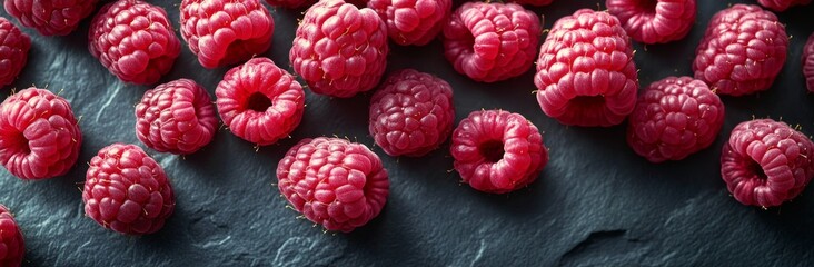 Vibrant close-up of fresh raspberries on dark slate background food photography high detail...