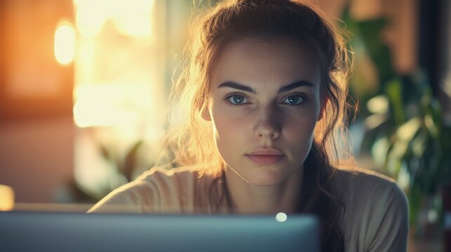 Thoughtful woman reviewing analytics on a monitor office setting with neutral artificial lighting and blurred background minimalist style