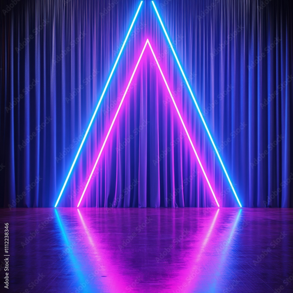 Poster empty podium with curtain on background and neon blue and pink triangles around.
