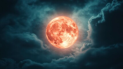 Fantasy full red moon. Horror spooky Halloween concept. Cloudy night sky lit by a large closeup of a full moon in a glowing fantasy ethereal moon. Cinematic mystery vibe.