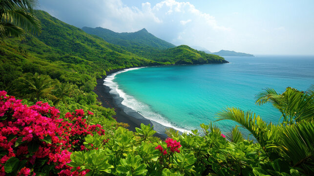 Pacific Ocean. A scenic view of a tropical coastline featuring vibrant flowers, lush greenery, and calm turquoise waters under a blue sky.