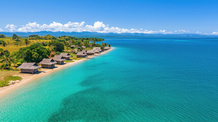 Fototapeta premium Pacific Ocean. A serene coastal scene featuring clear turquoise waters, sandy beaches, and lush greenery, complemented by charming huts along the shoreline under a bright blue sky.