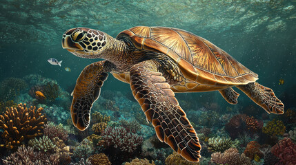 Obraz premium Pacific Ocean. A majestic sea turtle glides gracefully through vibrant coral reefs, showcasing the beauty of underwater life and marine ecosystems.