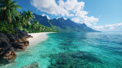 Pacific Ocean. A serene tropical beach with crystal-clear water, lush palm trees, and majestic mountains in the background under a bright blue sky.