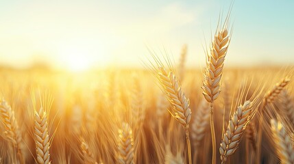 Fototapeta premium Golden wheat field glowing under sunrise sky, natural beauty, organic farming, harvest season.