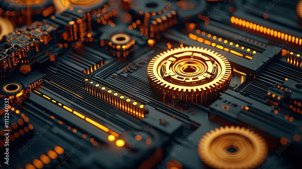 Poster close-up of intricate circuit board with glowing golden gears.