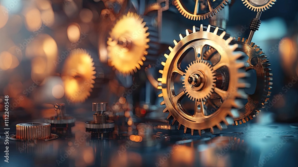Poster close-up of intricate brass gears and clockwork mechanics, blurred background.