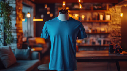 blue T-shirt mockup concept. casual men blue T shirt displayed on mannequin in cozy setting