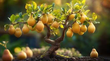 A miniature pear tree, its branches bowed under the weight of plump, golden pears. 