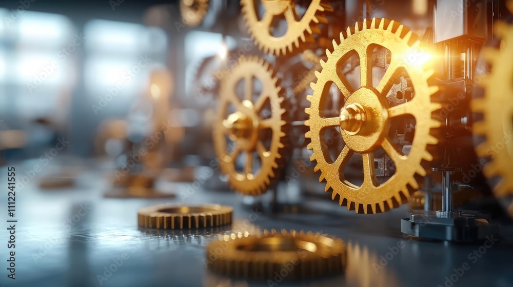 Poster close-up of golden gears in a mechanical setting, showcasing intricate details.