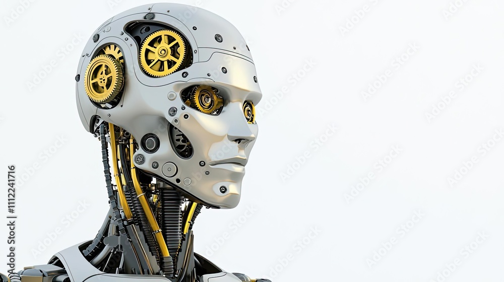 Poster futuristic robot head with mechanical features, isolated on white background.
