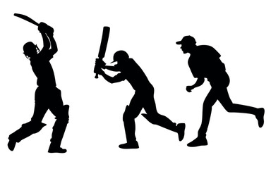 Set of Silhouettes vector of Cricket Athletes Isolated on a White Background