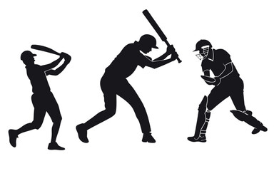 Set of Silhouettes vector of Cricket Athletes Isolated on a White Background