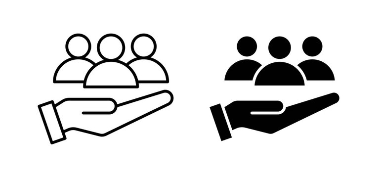 Teamwork icons in black filled and outlined style