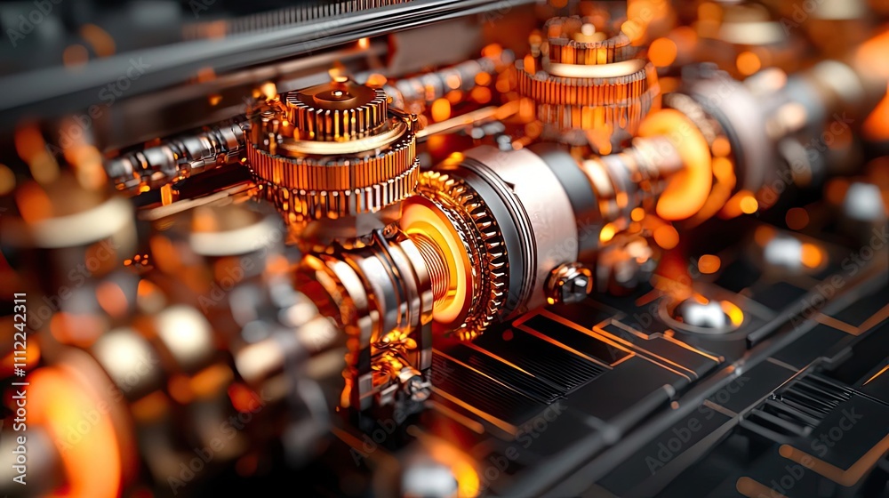 Aufkleber Close-up of intricate gears and mechanisms with glowing elements on a dark background.
