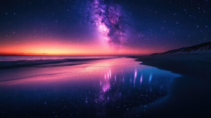 Fototapeta premium Vibrant sunset over ocean beach reflecting starry night sky, Milky Way galaxy visible.
