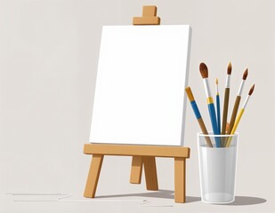 A blank canvas on an easel stands next to a cup filled with paint brushes, clipart style