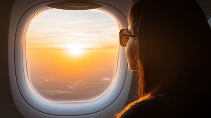 Fototapeta premium Airline amenities and service relaxation, A traveler gazes out of an airplane window at a stunning sunset, wearing sunglasses and enjoying the view from above the clouds.