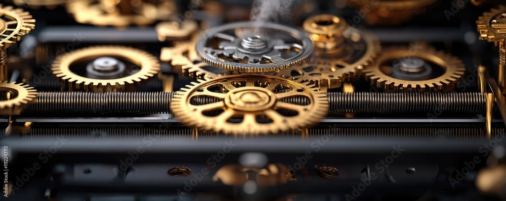 Poster close-up of intricate golden gears, showcasing mechanical precision, white isolate background.