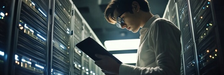 Young It Expert Working With Tablet Computer in Big Data Center, Server Farm System Engineer
