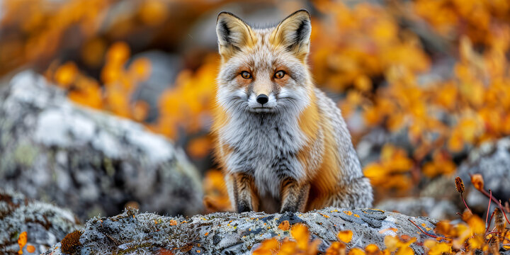 Red fox sitting on rocks in autumn forest