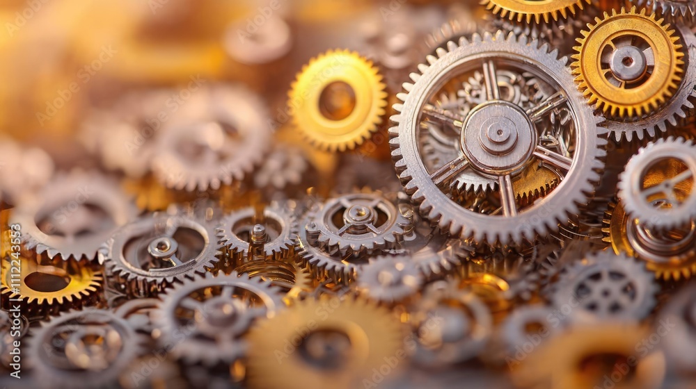 Poster close-up of metallic gears, showcasing intricate details and textures.