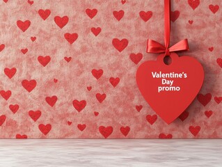 Glossy red tag with swirling heart patterns and a dangling ribbon, "Valentine's Day promo"", 3D rendering