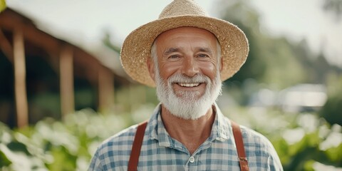 Fototapeta premium Smiling farmer wearing a straw hat in a lush green field during sunny day.