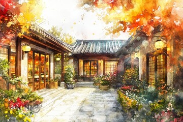 Fototapeta premium An artistic illustration uniting interior, architecture, and landscape design, showcasing a vibrant fusion of modern, minimal, and classic styles, perfect for colorful and stylish wallpaper