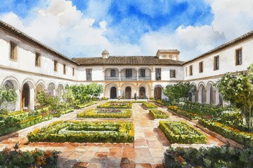 Obraz premium An artistic illustration uniting interior, architecture, and landscape design, showcasing a vibrant fusion of modern, minimal, and classic styles, perfect for colorful and stylish wallpaper