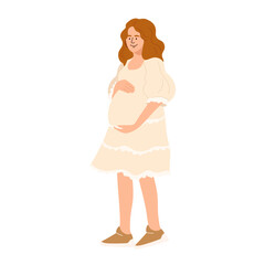 Smiling pregnant woman stroking her baby bump, eagerly awaiting birth of long-awaited child. Concept of healthy pregnancy and motherhood. Happy young mother with pregnancy belly. Vector illustration