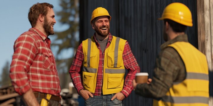 Three construction workers enjoy a break, sharing laughs at the job site.