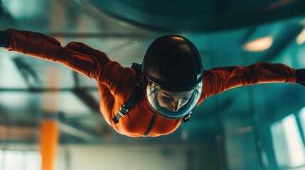 A woman in a red jumpsuit is flying through the air