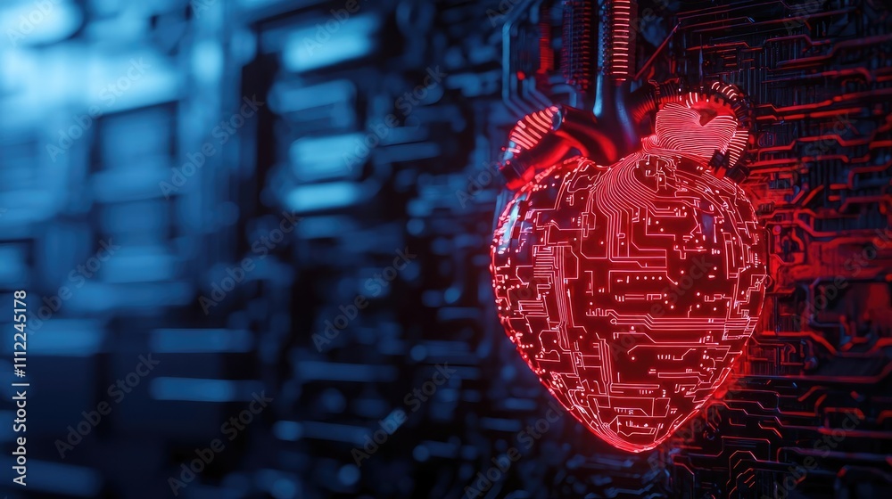 Poster glowing heart made of circuit board patterns, futuristic technology concept.