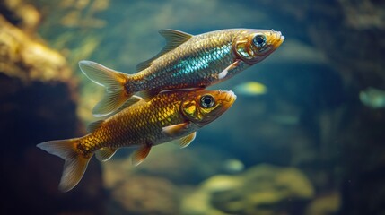 Fototapeta premium A mother rainbow fish protecting her young from a predator, showcasing the fierce instincts of motherhood. Fast-paced motion, emphasizing tension.