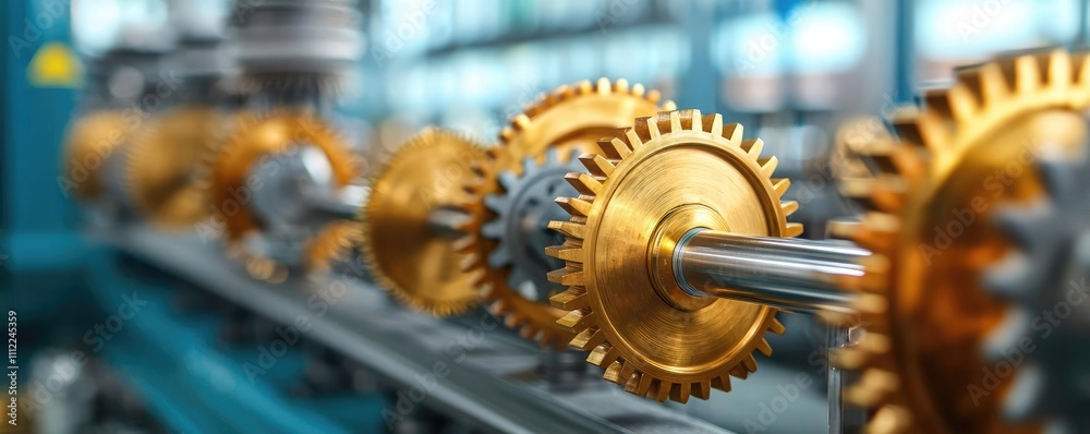 Poster golden gears in a modern factory setting, showcasing mechanical precision.