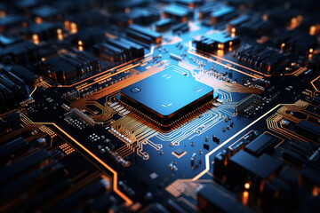 Wonderful Circuit board with glowing blue LEDs