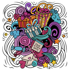 Happy Birthday vector doodles illustration. Holiday elements and objects cartoon background