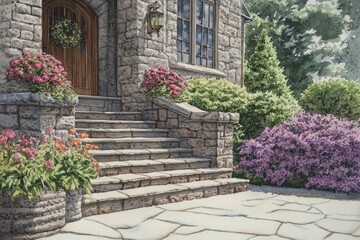 Obraz premium An artistic illustration uniting interior, architecture, and landscape design, showcasing a vibrant fusion of modern, minimal, and classic styles, perfect for colorful and stylish wallpaper