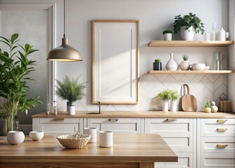 Elegant Mock-Up Frame in Scandinavian Kitchen Interior with High Depth of Field, Showcasing Minimalist Design and Cozy Ambiance for Stylish Home Decor Inspiration