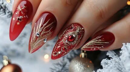 Glamorous holiday nail designs in red and gold surrounded by festive ornaments and sparkling decorations